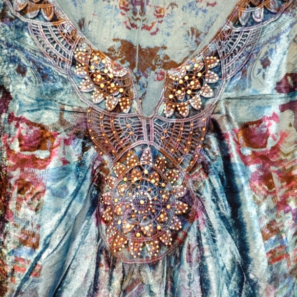 One World Velvet Tunic Top Blouse 3/4 Sleeve Blue Turquoise Medium M Boho Sequin - Picture 3 of 13